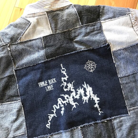 Patchwork Jean Jacket, Men's Size XXL: Upcycled Table Rock Lake Denim Shirt - Picture 4 of 13